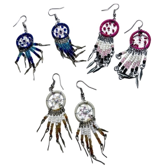 3 PAIRS of Dream Catcher Earrings Dangle Drop Refurbished Navy Pink Ivory Beaded - Picture 2 of 12